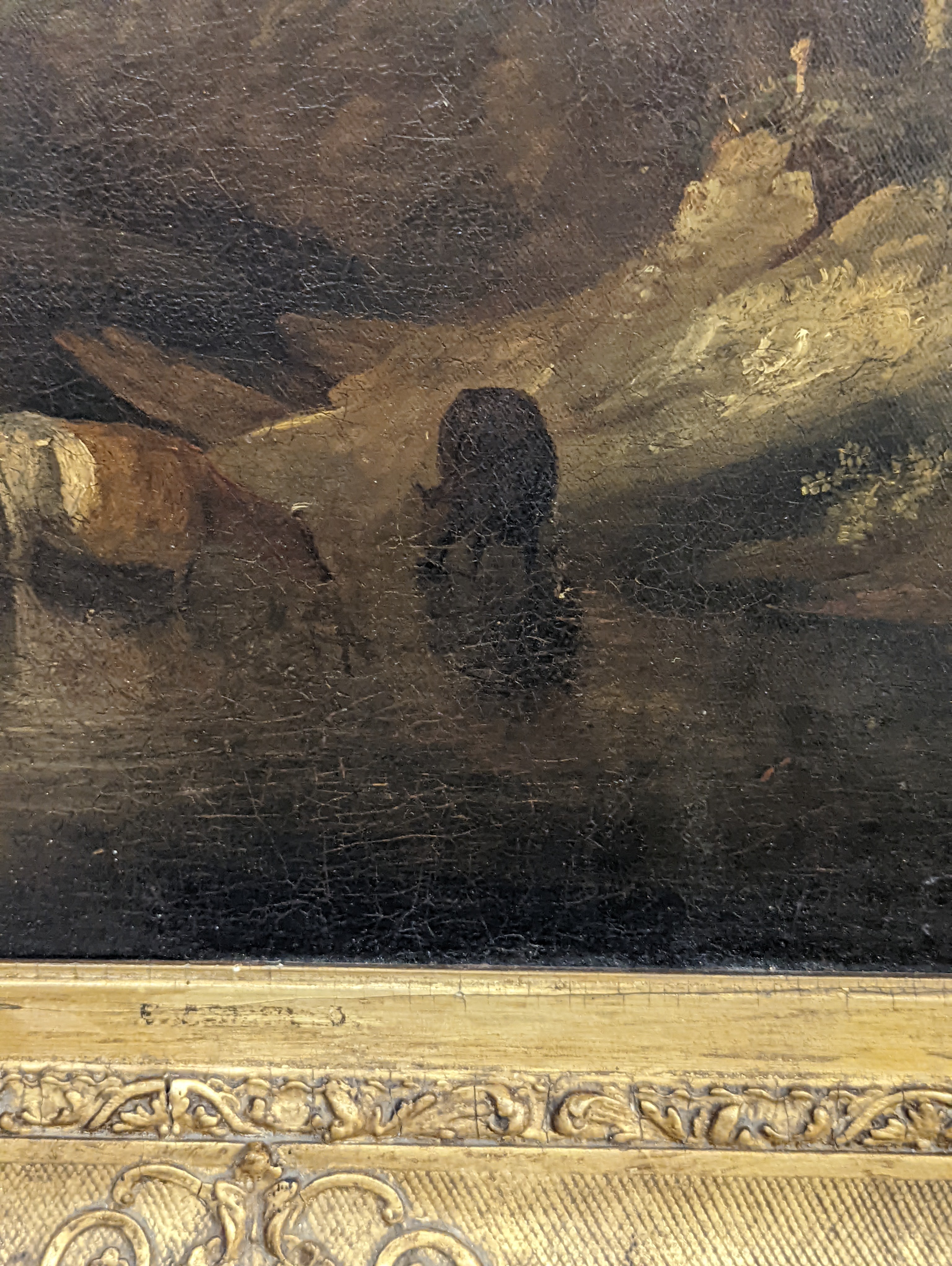 19th century English School, oil on canvas, Cattle watering in a landscape, 49 x 59cm